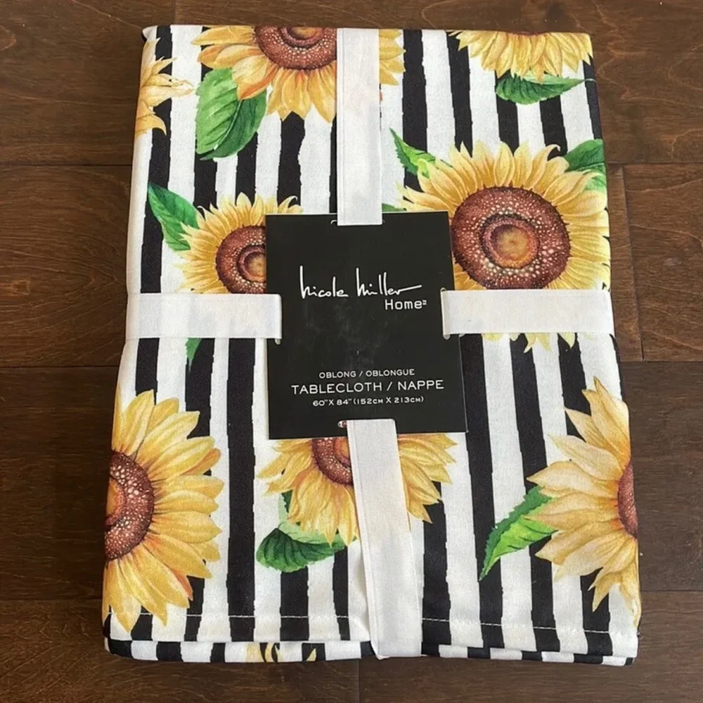 Nicole Miller Floral Tablecloth 60”x84” New Fall Sunflowers Thanksgiving Striped